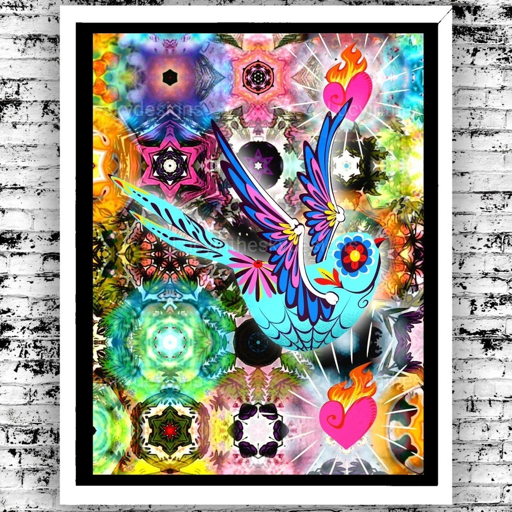 Art Print Sugar Skull Sparrow Sacred Heart Colorful Psychadelic Kaleidoscope